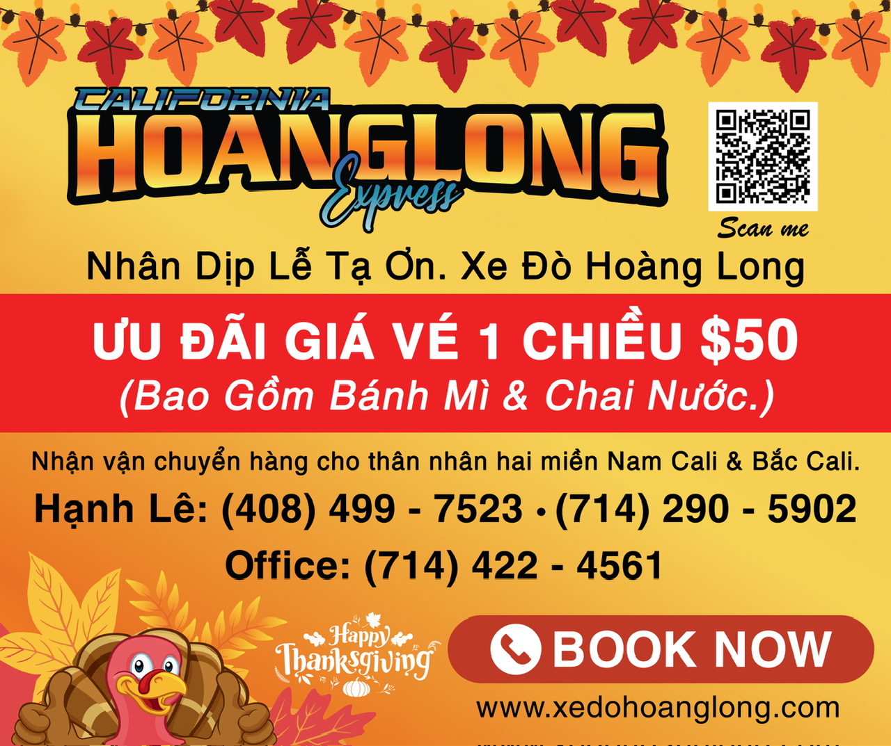 [Xe Đò Hoàng Long] - Ưu đãi giá vé 1 chiều $50 Ngày Lễ Tạ Ơn
